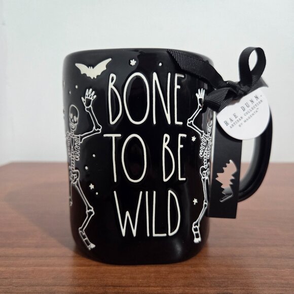 Rae Dunn Skeleton Coffee Mug Halloween Bats Design Brand New With Tags Handmade - Picture 1 of 7